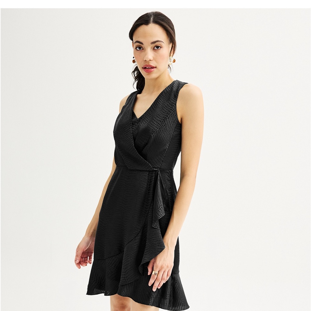 NWT Nine West Women’s Black Sleeveless Wrap Ruffle Mini Dress Size Large